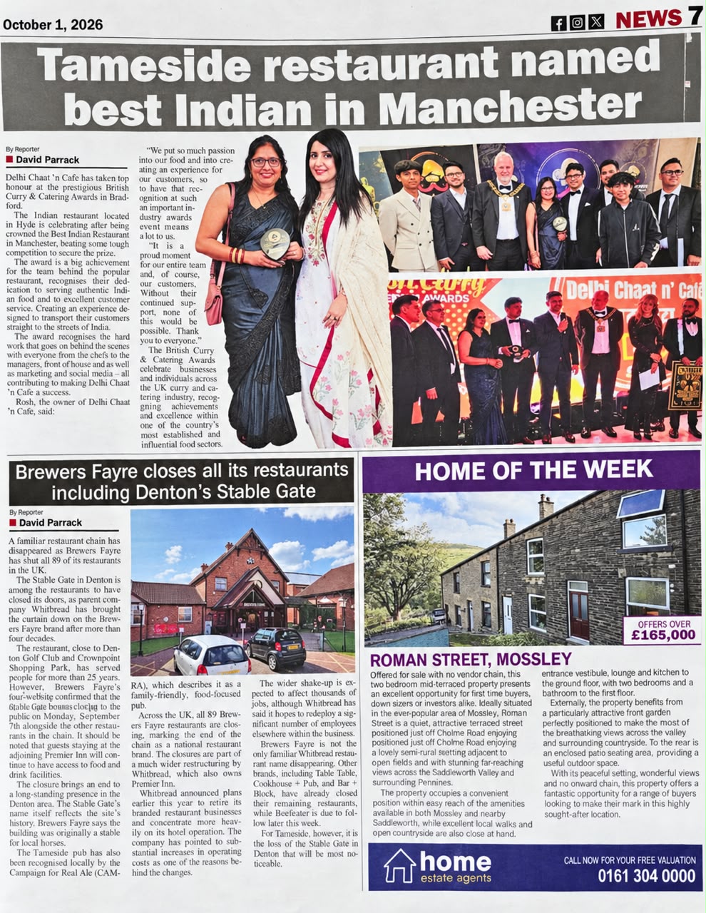 Newspaper page featuring DCC’s award recognition, headlined Tameside restaurant named best Indian in Manchester