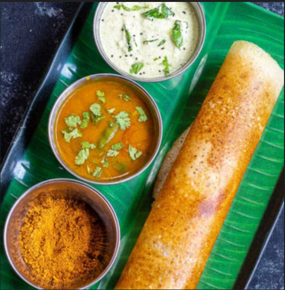 Crispy masala dosa with sambar and coconut chutney